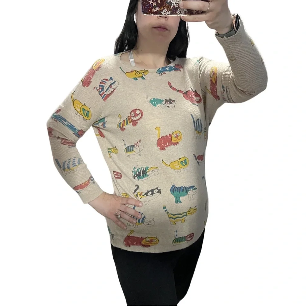 Whimsical Cat Print Crewneck Sweater - Beige - Picture 2 of 10
